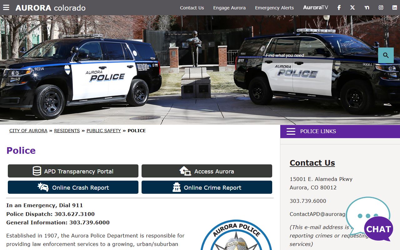 Aurora Police Department website for public records and police services