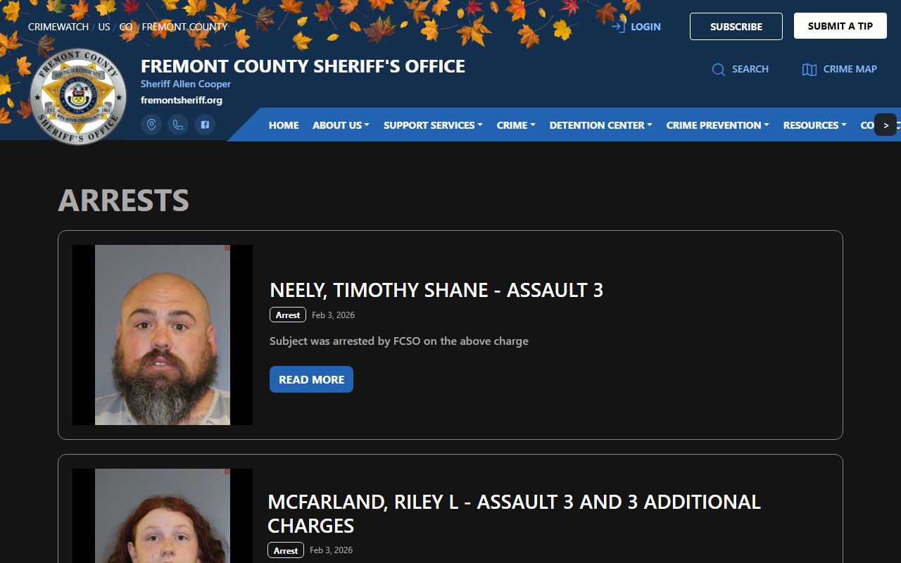 Fremont County CrimeWatch system showing recent arrest data