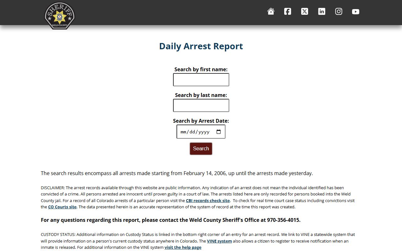 Weld County Daily Arrest Report search interface