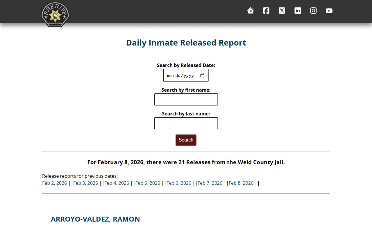 Weld County Daily Released Inmate Report search page