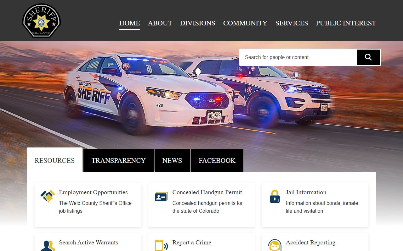 Weld County Sheriff Office website homepage showing online services