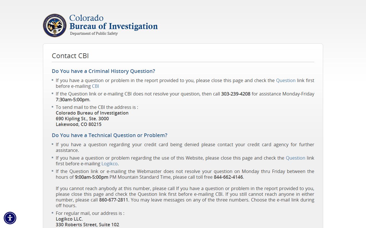 CBI contact page for Colorado arrest records questions